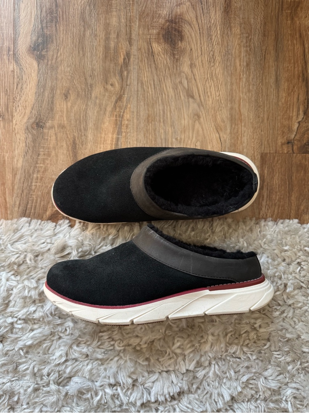 L.L. Bean Women's Black Suede Slip-On Mules with Cream Sole and Red Accent